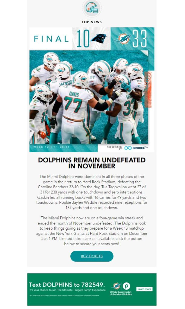 Email Newsletter Inclusion – Miami Dolphins Official Partnership